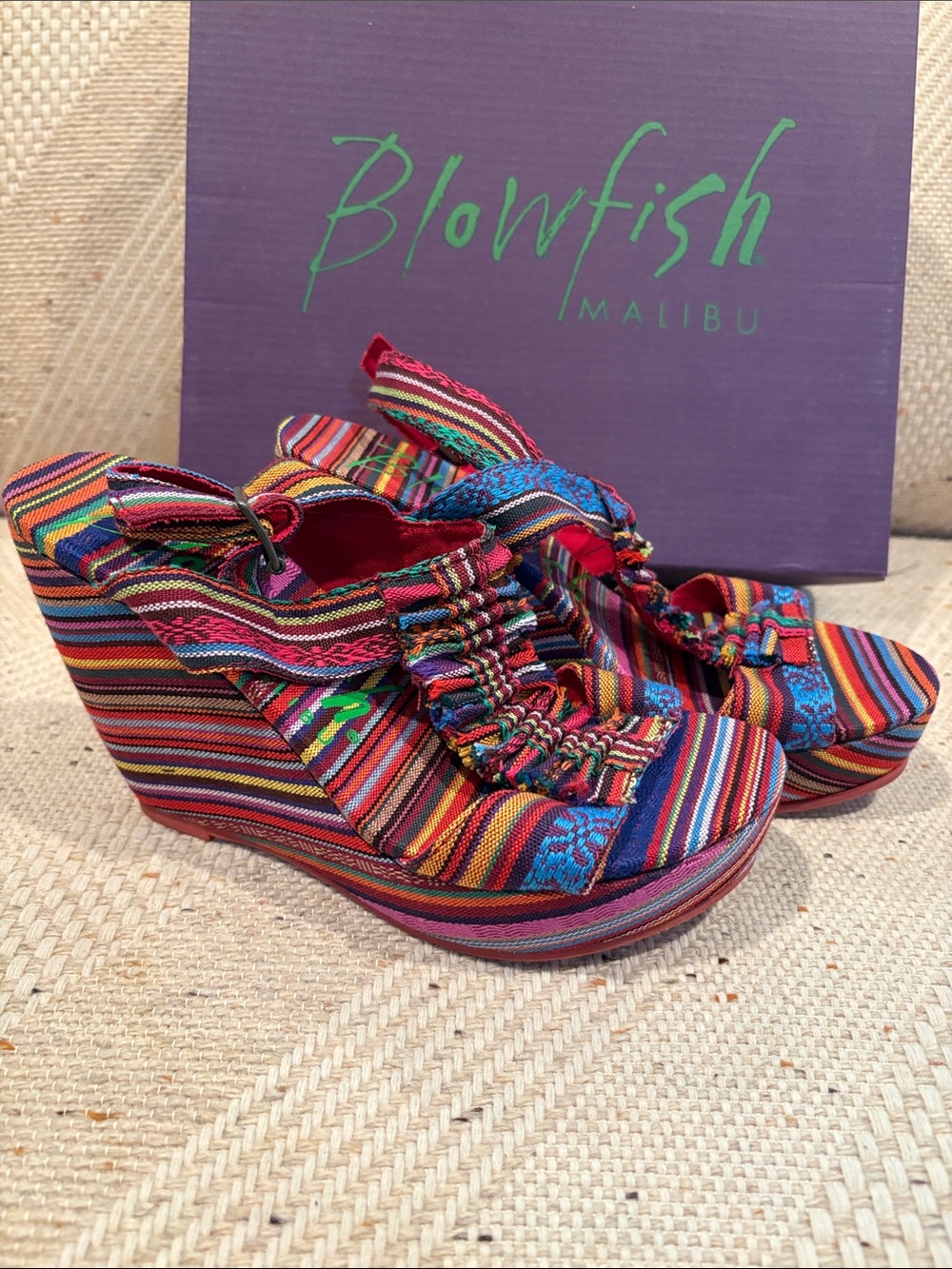 Blowfish Multicolor Striped Wedge Sandals with Red Accents